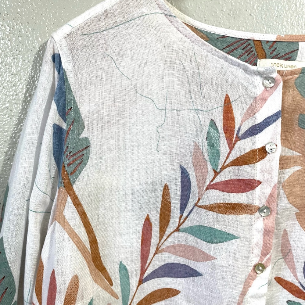 Cynthia Rowley Tropical Linen Button Blouse Roll Sleeve Side Slit Semi Sheer 1X - Picture 2 of 8